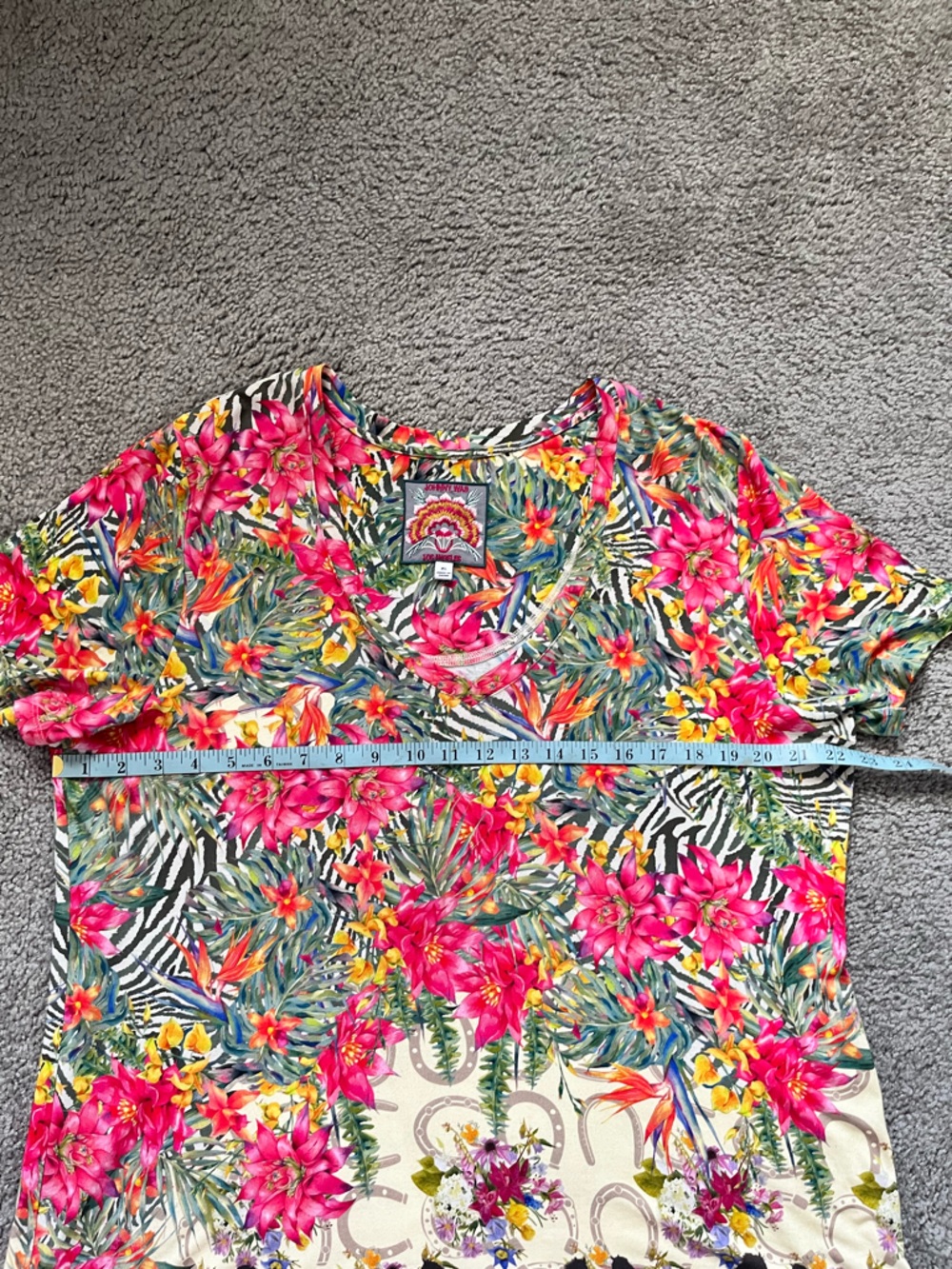 Johnny Was Pink Yellow Floral & Zebra Border Short Sleeve Tee - Picture 6 of 8